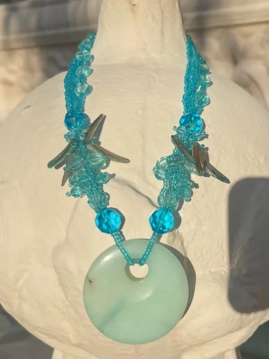 Vintage Larimar Stone Glass Shell Blue Beaded Statement Necklace & Earrings Set - Picture 5 of 8